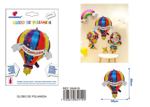 Globo metálico de globo aerostático multicolor "Feliz Cumpleaños" en español, 58x68 cm