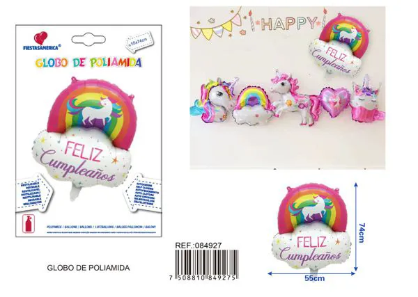 Globo metálico de unicornio con arcoíris y nube "Feliz Cumpleaños" en español, 55x74 cm