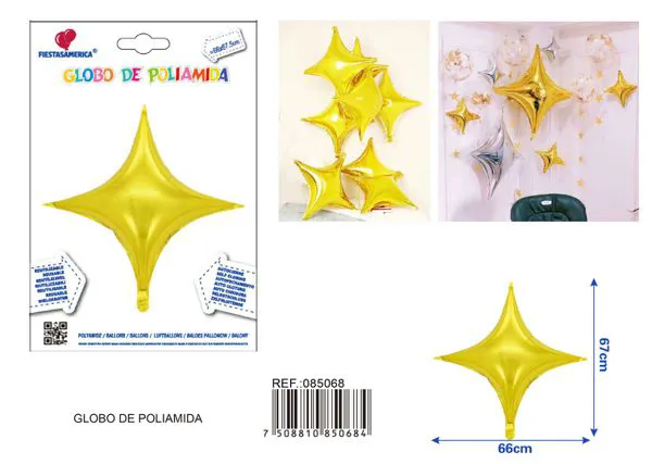 Globo metálico de estrella grande de cuatro puntas, 66x67.5 cm, dorado