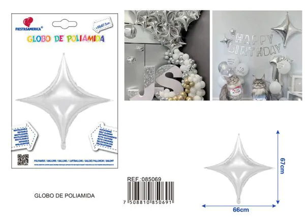 Globo metálico de estrella grande de cuatro puntas, 66x67.5 cm, plateado