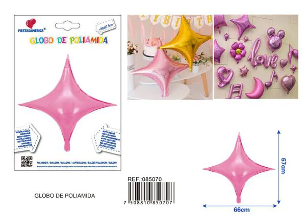 Globo metálico de estrella grande de cuatro puntas, 66x67.5 cm, rosa
