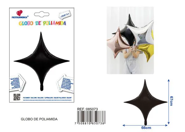 Globo metálico de estrella grande de cuatro puntas, 66x67.5 cm, negro