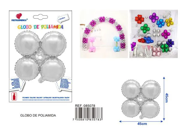 Globo metálico de cuatro esferas, 45x45 cm, plateado