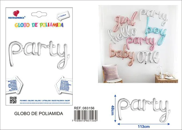 Globo metálico de letras "Party", plateado, 113x48 cm