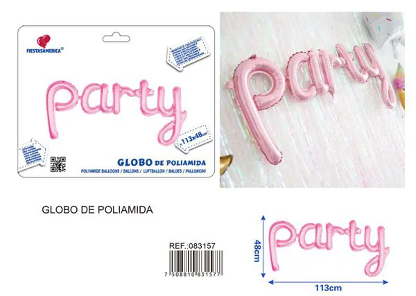 Globo metálico de letras "Party", rosa, 113x48 cm