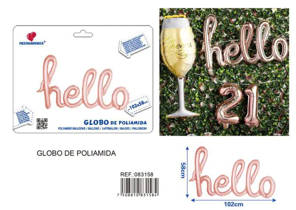 Globo metálico de letras "Hello", oro rosa, 102x58 cm