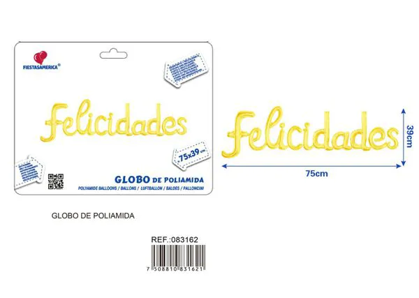 Globo metálico de letras conectadas "Felicidades", dorado