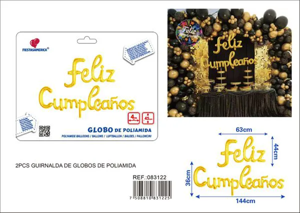 Globos metálicos de letras conectadas "Feliz Cumpleaños" en español, dorado, 3 piezas, con cinta PP de 4 m