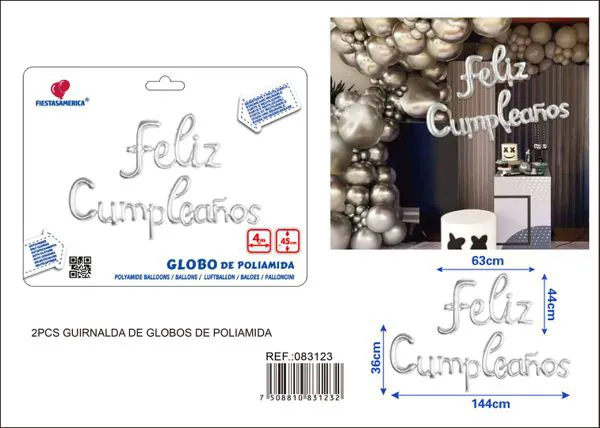 Globos metálicos de letras conectadas "Feliz Cumpleaños" en español, plateado, 3 piezas, con cinta PP de 4 m