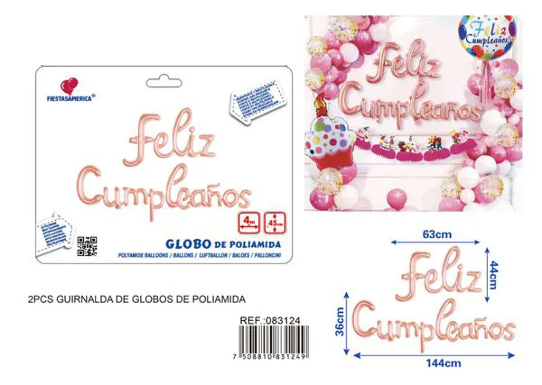 Globos metálicos de letras conectadas "Feliz Cumpleaños" en español, oro rosa, 3 piezas, con cinta PP de 4 m