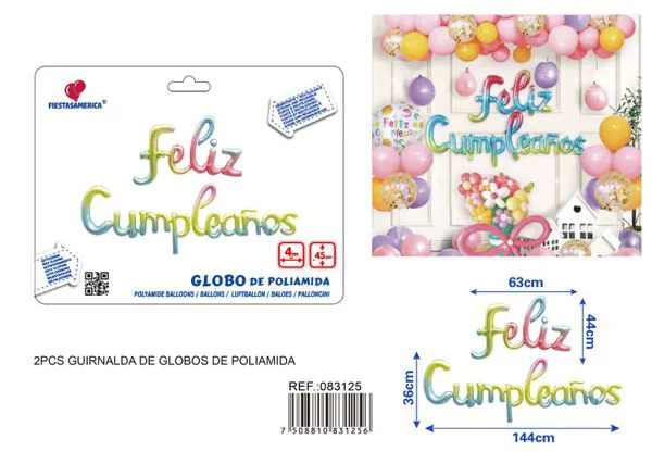 Globos metálicos de letras conectadas "Feliz Cumpleaños" en español, degradado, 3 piezas, con cinta PP de 4 m