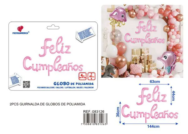 Globos metálicos de letras conectadas "Feliz Cumpleaños" en español, rosa, 3 piezas, con cinta PP de 4 m