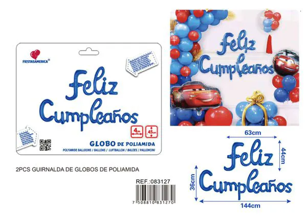 Globos metálicos de letras conectadas "Feliz Cumpleaños" en español, azul, 3 piezas, con cinta PP de 4 m