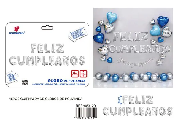 Globos metálicos de letras "Feliz Cumpleaños" en español, 18 pulgadas (45 cm), versión gruesa, plateado, 15 piezas, con cinta PP de 6 m