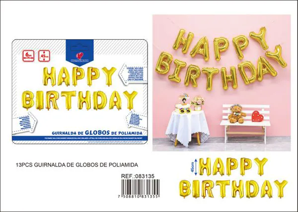 Globos metálicos de letras "Happy Birthday" en inglés, 18 pulgadas (45 cm), versión gruesa, dorado, 13 piezas, con cinta PP de 6 m