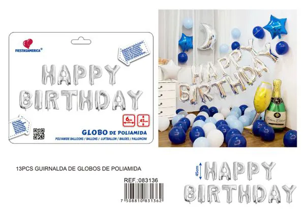 Globos metálicos de letras "Happy Birthday" en inglés, 18 pulgadas (45 cm), versión gruesa, plateado, 13 piezas, con cinta PP de 6 m