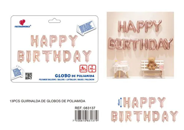 Globos metálicos de letras "Happy Birthday" en inglés, 18 pulgadas (45 cm), versión gruesa, oro rosa, 13 piezas, con cinta PP de 6 m