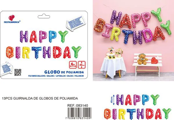 Globos metálicos de letras "Happy Birthday" en inglés, 18 pulgadas (45 cm), versión gruesa, multicolor, 13 piezas, con cinta PP de 6 m