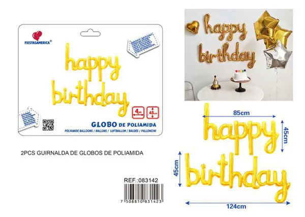 Globos metálicos de letras conectadas "Happy Birthday" en inglés, dorado, 13 piezas, con cinta PP de 4 m