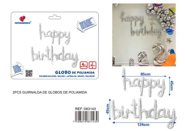 Set de globos metálicos 'Happy Birthday' en inglés de letras unidas, 13 piezas, color plateado, con cinta PP de 4 metros (happy 45x85 cm, birthday 45x124 cm)