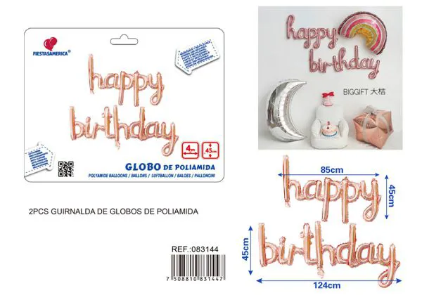Set de globos metálicos 'Happy Birthday' en inglés de letras unidas, 13 piezas, color oro rosa, con cinta PP de 4 metros (happy 45x85 cm, birthday 45x124 cm)