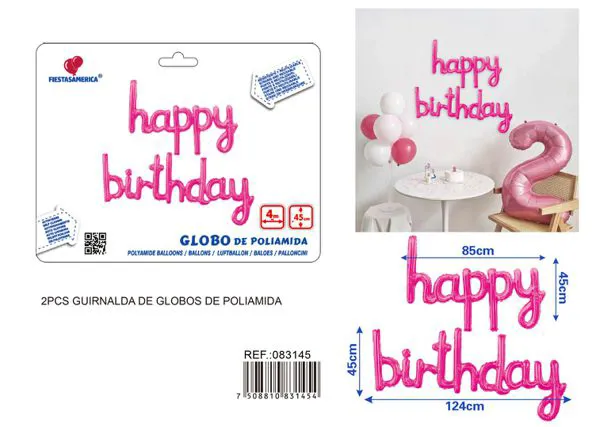 Set de globos metálicos 'Happy Birthday' en inglés de letras unidas, 13 piezas, color fucsia, con cinta PP de 4 metros (happy 45x85 cm, birthday 45x124 cm)