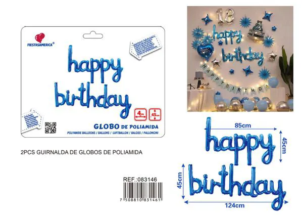 Set de globos metálicos 'Happy Birthday' en inglés de letras unidas, 13 piezas, color azul oscuro, con cinta PP de 4 metros (happy 45x85 cm, birthday 45x124 cm)