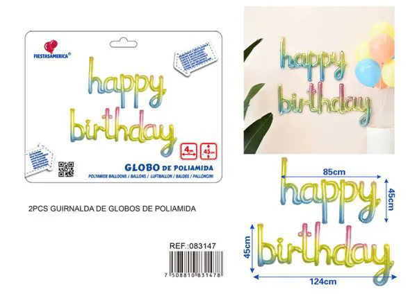 Set de globos metálicos 'Happy Birthday' en inglés de letras unidas, 13 piezas, color degradado, con cinta PP de 4 metros (happy 45x85 cm, birthday 45x124 cm)