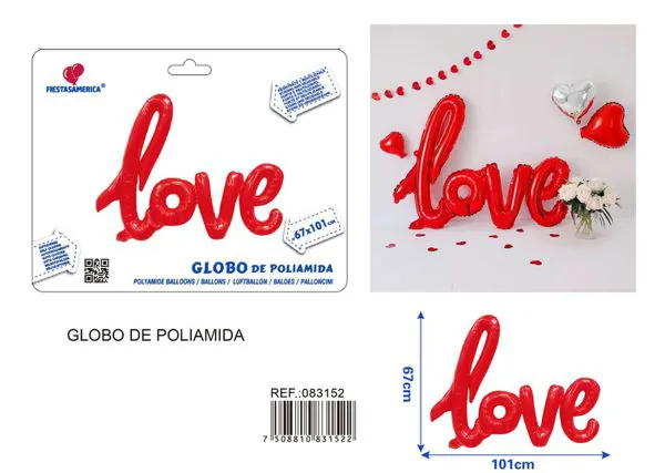 Globo metálico palabra 'Love' de letras unidas, color rojo intenso, 67x101.5 cm