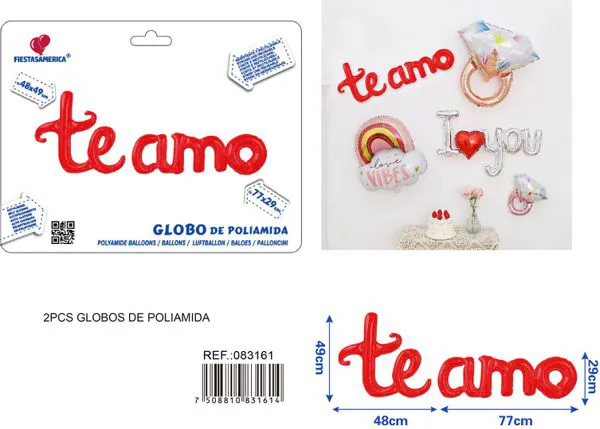 Globo metálico con la frase 'Te Amo', color rojo intenso (te 48x49 cm, amo 77x29 cm)