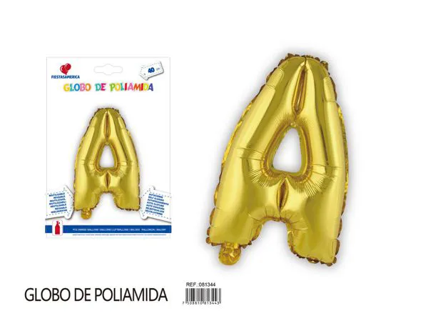 Globo metálico letra A de 16 pulgadas, tipografía gruesa, color dorado