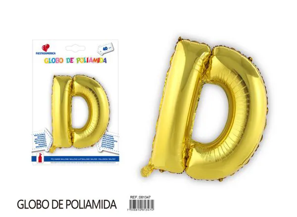 Globo metálico letra D de 16 pulgadas, tipografía gruesa, color dorado