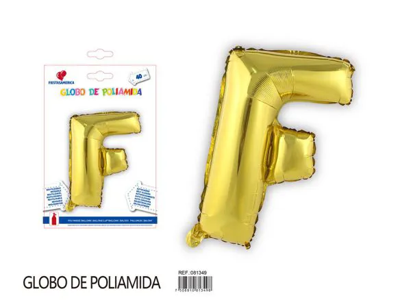 Globo metálico letra F de 16 pulgadas, tipografía gruesa, color dorado
