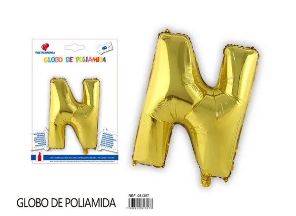 Globo metálico letra N de 16 pulgadas, tipografía gruesa, color dorado