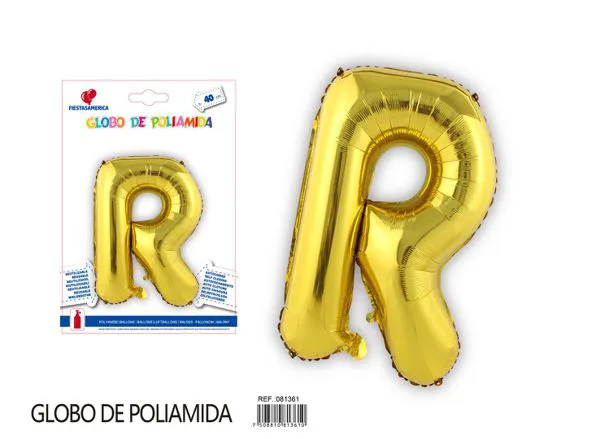 Globo metálico letra R de 16 pulgadas, tipografía gruesa, color dorado