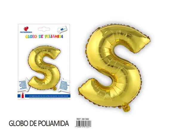 Globo metálico letra S de 16 pulgadas, tipografía gruesa, color dorado