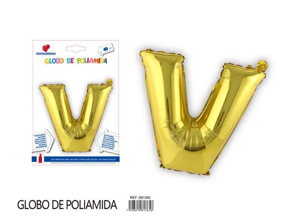 Globo metálico letra V de 16 pulgadas, tipografía gruesa, color dorado