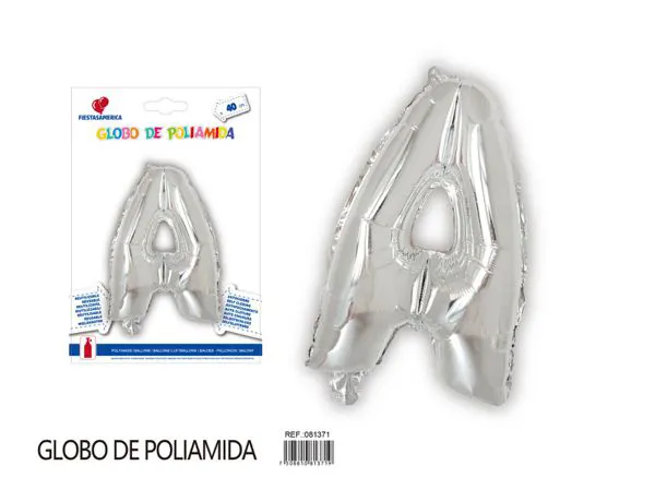 Globo metálico letra A de 16 pulgadas, tipografía gruesa, color plateado
