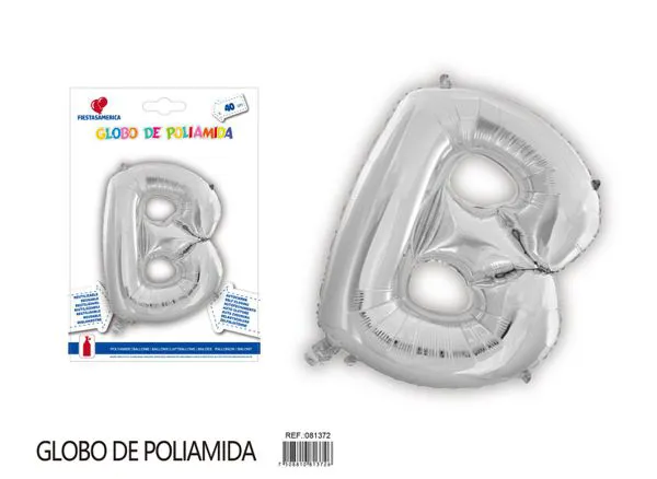 Globo metálico letra B de 16 pulgadas, tipografía gruesa, color plateado