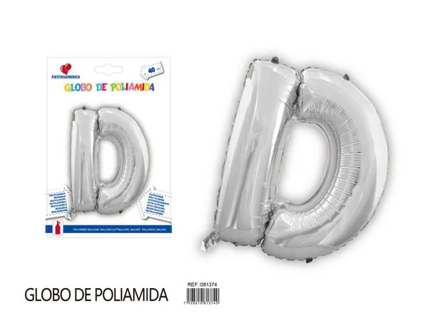 Globo metálico letra D de 16 pulgadas, tipografía gruesa, color plateado