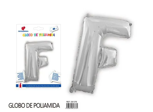 Globo metálico letra F de 16 pulgadas, tipografía gruesa, color plateado
