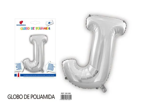 Globo metálico letra J de 16 pulgadas, tipografía gruesa, color plateado