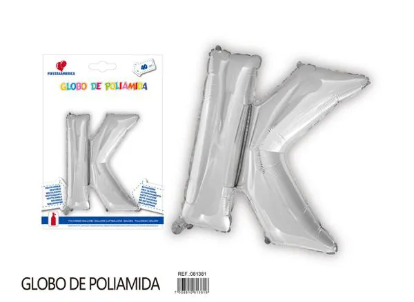 Globo metálico letra K de 16 pulgadas, tipografía gruesa, color plateado