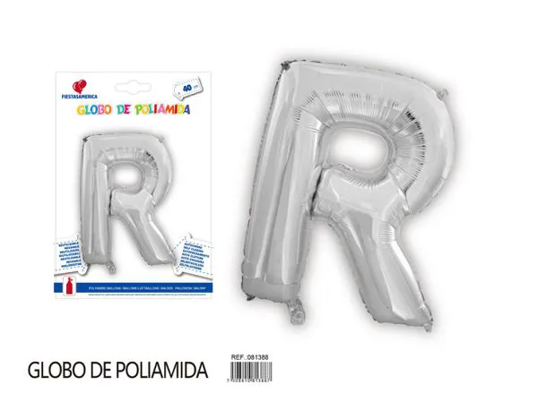 Globo metálico letra R de 16 pulgadas, tipografía gruesa, color plateado