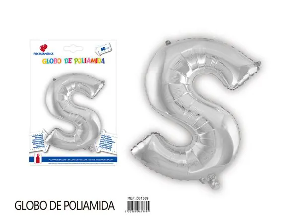 Globo metálico letra S de 16 pulgadas, tipografía gruesa, color plateado