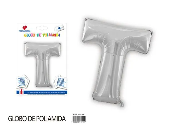 Globo metálico letra T de 16 pulgadas, tipografía gruesa, color plateado
