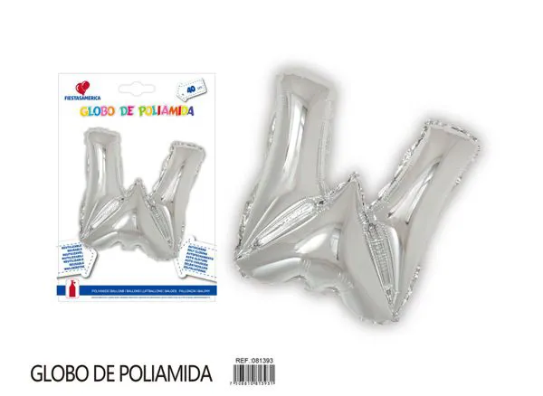 Globo metálico letra W de 16 pulgadas, tipografía gruesa, color plateado