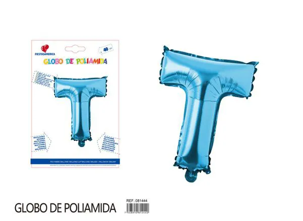 Globo metálico letra T de 16 pulgadas, tipografía gruesa, color azul