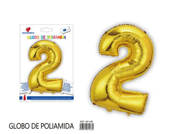 Globo metálico de número de 16 pulgadas, color dorado, número 2