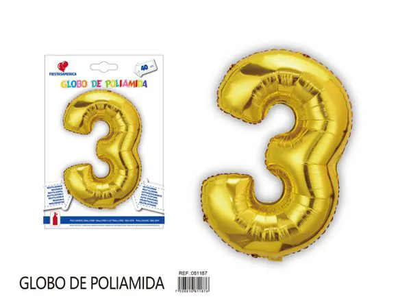 Globo metálico de número de 16 pulgadas, color dorado, número 3